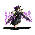  black_hat black_shirt black_skirt blonde_hair breasts cleavage divine_gate full_body hat holding holding_weapon long_hair looking_at_viewer medium_breasts mordred_(divine_gate) official_art purple_eyes shadow shirt skirt solo sun_hat transparent_background ucmm weapon 