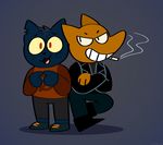  anthro canine cat cigarette crossed_arms feline female fox fur gregg_(nitw) grin jailvian looking_at_viewer mae_(nitw) male mammal night_in_the_woods open_mouth open_smile simple_background smile smoking teeth 