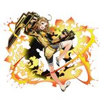 ahoge black_shorts blonde_hair breasts divine_gate fire full_body hair_ornament hairclip holding holding_weapon leg_up long_hair looking_at_viewer medium_breasts official_art olina_(divine_gate) open_mouth shadow shorts solo transparent_background ucmm weapon yellow_eyes 