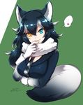  1girl animal_ears black_hair blue_eyes breasts dated fur_collar gloves grey_wolf_(kemono_friends) heart heterochromia highres kemono_friends large_breasts long_hair looking_at_viewer mame_jirushi multicolored_hair necktie signature solo speech_bubble tail two-tone_hair wolf_ears wolf_tail yellow_eyes 