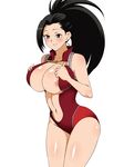  1girl areola_slip black_hair blush bodysuit boku_no_hero_academia breasts half-closed_eyes hand_on_own_chest highres hips large_breasts navel open_clothes parted_lips ponytail shiny_skin simple_background sleeveless smile solo white_background yaoyorozu_momo 