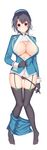  asahina_hikage ass_visible_through_thighs beret black_hair black_panties blue_hat blue_jacket breasts full_body garter_straps hat highres jacket kantai_collection knees_together_feet_apart large_breasts long_sleeves looking_at_viewer neckerchief no_shoes open_clothes open_jacket panties panty_pull red_eyes simple_background skirt skirt_around_one_leg smile solo standing takao_(kantai_collection) thighhighs underwear white_background white_neckwear 