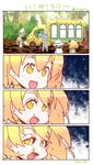  4koma against_glass animal_ears black_hair blonde_hair bow comic commentary_request frilled_swimsuit frills gloves grey_hair hat hat_feather helmet hitotose_rin jaguar_(kemono_friends) jaguar_ears japari_bus kaban_(kemono_friends) kemono_friends multiple_girls open_mouth otter_ears otter_tail pith_helmet serval_(kemono_friends) serval_ears serval_tail short_hair slow_motion small-clawed_otter_(kemono_friends) swimsuit tail thighhighs yellow_eyes 
