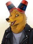  4:3 anthro brown_eyes canine clothing cup eclipsewolf fox fur gregg_(nitw) jacket male mammal night_in_the_woods open_mouth simple_background smile snack_falcon teeth tongue 