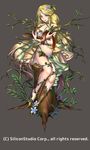  bare_shoulders barefoot blonde_hair blue_eyes breasts cleavage company_name curly_hair ferret flower full_body grey_background gyakushuu_no_fantasica hair_flower hair_ornament large_breasts leaf long_hair navel official_art plant ryuki@maguro-ex simple_background sitting solo squirrel very_long_hair vines 