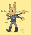  4:3 anthro canine clothing fox fur gregg_(nitw) happy jacket male mammal night_in_the_woods open_mouth runicknight screaming simple_background teeth tongue 