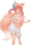  absurdres animal_ears blush breasts demstouts fate/extella fate/extra fate_(series) fox_ears fox_tail highres medium_breasts open_mouth orange_eyes pink_hair simple_background solo tail tamamo_(fate)_(all) tamamo_no_mae_(fate) tears topless torn_clothes wardrobe_malfunction 