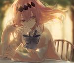  bad_id bad_pixiv_id bangs beige_sweater blue_ribbon blurry blurry_background buttons chair chin_rest collared_shirt colored_eyelashes eyelashes fingernails floating_hair gwen_(g90z) hair_between_eyes light_smile long_hair long_sleeves looking_to_the_side neck_ribbon original outdoors pink_eyes pink_hair ribbon school_uniform shirt sitting solo sweater table tree tsurime upper_body white_shirt wind 