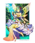  :o animal anklet bad_id bad_pixiv_id barefoot day detached_leggings dress fairy_wings flower green_hair gyakushuu_no_fantasica hair_flower hair_ornament jewelry nature official_art pointy_ears river shoes_removed sitting soaking_feet solo water wings yu-ri 