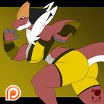  2017 abs anthro anthrofied black_hair black_sclera bra breasts brown_scales cleavage clothed clothing dinosaur english_text female fur gloves green_background hair long_hair looking_at_viewer nintendo orange_scales patreon pok&eacute;mon pok&eacute;morph running scales shorts side_view simple_background solo sports_bra text tight_clothing tyrantrum underwear video_games watermark white_eyes white_fur xehta13 