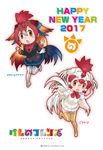  2girls :d :o absurdres blonde_hair blush boots brown_eyes character_name chestnut_mouth chibi chicken_(kemono_friends) chinese_zodiac copyright_name feathers gradient_hair hair_between_eyes happy_new_year head_wings highres japari_symbol kemono_friends leg_up logo long_hair long_sleeves looking_at_viewer multicolored_hair multiple_girls neck_ribbon new_year official_art open_mouth outstretched_arms pleated_skirt red_hair red_junglefowl_(kemono_friends) ribbon short_sleeves simple_background skirt smile spread_arms thighhighs very_long_hair water white_background white_hair year_of_the_rooster yoshizaki_mine zettai_ryouiki 