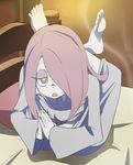  barefoot bed contortion d: feet flexible full_body hair_over_one_eye hands_together haruyama_kazunori headboard little_witch_academia long_hair namaste nightgown open_mouth pale_skin pillow red_eyes smoke solo sucy_manbavaran yoga 