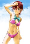  1girl bare_shoulders bikini breasts brown_eyes cleavage futaba_tae masamune-kun_no_revenge midriff mound_of_venus navel open_mouth red_hair ribbon short_hair 