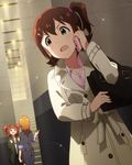  bag brown_hair cellphone coat formal idolmaster idolmaster_(classic) idolmaster_million_live! jpeg_artifacts kasuga_mirai momose_rio multiple_girls official_art orange_hair phone pink_shirt ribbon shirt side_ponytail sleeves_folded_up suit takatsuki_yayoi twintails 