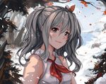  alternate_costume grey_eyes grey_hair hair_ribbon heart highres kantai_collection kashima_(kantai_collection) leaf long_hair looking_at_viewer ribbon sekigan shirt sleeveless sleeveless_shirt snow solo tree twintails upper_body 