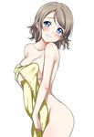  blue_eyes blush breasts cleavage covering cowboy_shot head_tilt light_brown_hair looking_at_viewer love_live! love_live!_sunshine!! medium_breasts nude_cover rozen5 simple_background smile solo towel watanabe_you white_background yellow_towel 