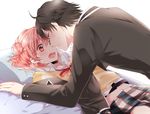  1boy 1girl bed blush female hikigaya_hachiman lying lying_on_bed male school_uniform yahari_ore_no_seishun_lovecome_wa_machigatteiru. yuigahama_yui 