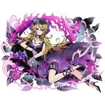  black_dress black_hat blonde_hair breasts choker cleavage collarbone divine_gate dress fishnet_gloves fishnets flower full_body gloves hair_between_eyes hat high_heels long_hair looking_at_viewer medium_breasts official_art purple_eyes purple_flower rio_(divine_gate) solo thigh_strap transparent_background ucmm very_long_hair 