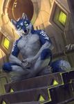  anthro canine caraid claws fur glowing glowing_eyes looking_at_viewer male mammal markings nude sitting solo 