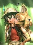  aasu_kirishita animal_ears backpack bag black_gloves black_hair cheek-to-cheek commentary elbow_gloves gloves hair_between_eyes hat hat_feather helmet highres kaban_(kemono_friends) kemono_friends multiple_girls pith_helmet red_shirt serval_(kemono_friends) serval_ears serval_print shirt short_hair shorts wavy_hair 