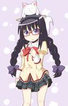  :3 akemi_homura black_hair blush bow braid creature_on_head glasses hair_bow hairband juliet_sleeves kyubey long_hair long_sleeves magical_girl mahou_shoujo_madoka_magica miiyon no_legwear puffy_sleeves purple_eyes red-framed_eyewear school_uniform semi-rimless_eyewear skirt twin_braids twintails under-rim_eyewear 