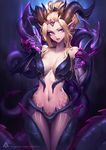  :d alternate_costume alternate_hair_color armor bangs_pinned_back bare_shoulders blonde_hair breastplate breasts cleavage collarbone commentary dragon dragon_horns dragon_sorceress_zyra english_commentary eyelashes fang forehead_jewel highres horns large_breasts league_of_legends lips mixed-language_commentary navel oopartz_yang open_mouth patreon_username pink_lips ponytail purple_eyes slit_pupils smile solo stomach thigh_gap watermark zyra 