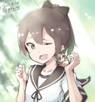  animal artist_name brown_eyes brown_hair commentary_request dated hair_ribbon highres kantai_collection long_hair mku nut_(food) one_eye_closed open_mouth ponytail ribbon school_uniform serafuku shikinami_(kantai_collection) smile solo squirrel twitter_username 