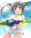  blue_eyes bracelet breasts brown_hair cameltoe casual_one-piece_swimsuit fang hairband jewelry large_breasts looking_at_viewer maccha minori_(senran_kagura) one-piece_swimsuit senran_kagura solo swimsuit swimsuit_skirt twintails water_gun 