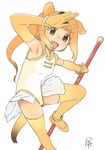  :d animal_ears armpits bare_shoulders baton black_eyes blonde_hair blush bracelet brown_hair circlet commentary_request duplicate elbow_gloves eyebrows eyebrows_visible_through_hair gloves golden_snub-nosed_monkey_(kemono_friends) gradient_hair hand_on_forehead hand_up high_ponytail holding holding_staff jewelry jpeg_artifacts kemono_friends leg_up long_hair looking_at_viewer monkey_ears monkey_tail multicolored_hair open_hand open_mouth orange_hair outstretched_arm ponytail satsuyo shiny shiny_skin signature simple_background skirt sleeveless smile solo staff tail tareme thighhighs weapon white_background white_skirt yellow_legwear 