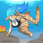  2017 anthro barefoot bikini blue_eyes blue_hair bra breasts brown_skin bubble butt cleavage clothed clothing english_text eyewear female ficus fin fin_piercing fish furgonomics furry-specific_piercing hair long_hair marine piercing rock shark signature solo swimsuit text underwater underwear water 