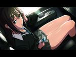  bangs black_hair black_legwear car_interior cardigan closed_mouth collared_shirt commentary_request digital_media_player dutch_angle earbuds earphones eyebrows_visible_through_hair from_side green_eyes green_neckwear grey_skirt hair_between_eyes hand_in_hair idolmaster idolmaster_cinderella_girls impossible_necktie ipod ipod_nano jewelry kneehighs letterboxed long_hair long_legs looking_at_viewer necklace necktie pleated_skirt school_uniform shibuya_rin shirt sitting skirt solo striped striped_neckwear thighs ulrich_(tagaragakuin) white_shirt 