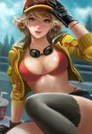  black_gloves blonde_hair bracelet breasts cidney_aurum cleavage error final_fantasy final_fantasy_xv frank_lee gloves goggles goggles_around_neck green_eyes hat highres jewelry large_breasts looking_at_viewer parted_lips short_shorts shorts smile solo sweat thighhighs thong 