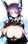  bikini black_gloves blush breasts breasts_outside covered_nipples eyepatch fingerless_gloves front-tie_top gloves headgear highres huge_breasts kagami_uekusa kantai_collection looking_at_viewer micro_bikini necktie open_clothes purple_hair revision school_uniform short_hair solo swimsuit tears tenryuu_(kantai_collection) yellow_eyes 