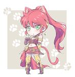  animal_ears bare_shoulders cat_ears cat_tail chibi commentary_request green_eyes iesupa navel paw_pose paw_print pyrrha_nikos red_hair rwby sash tail 