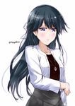  alternate_costume anchor_symbol black_hair blue_eyes blush braid casual commentary_request cosplay french_braid hair_ribbon haruna_(kantai_collection) haruna_(kantai_collection)_(cosplay) houshou_(kantai_collection) jacket jewelry kantai_collection long_hair looking_at_viewer mikage_takashi necklace open_mouth ribbon skirt smile solo 