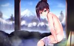  bad_id bad_pixiv_id black_hair blue_eyes blue_sky blurry breasts commentary_request day depth_of_field hair_bun highres long_hair looking_at_viewer medium_breasts mountain nude onsen original parted_lips revision sitting sky soaking_feet solo steam towel towel_on_legs water white_towel yan_(nicknikg) 