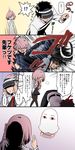  &gt;_&lt; 1boy 1girl 4koma black_hair black_legwear blood blush closed_eyes comic commentary_request fate/grand_order fate_(series) flying_sweatdrops fujimaru_ritsuka_(male) glasses highres hood hooded_jacket jacket mash_kyrielight medjed necktie ono_misao sweatdrop translated vr_visor 