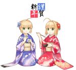  :t ahoge alle_gro artoria_pendragon_(all) bangs blonde_hair blue_flower blue_kimono camellia chopsticks closed_mouth commentary_request eating eyebrows_visible_through_hair fate/extra fate/stay_night fate_(series) flower food furisode green_eyes hair_flower hair_intakes hair_ornament happy_new_year holding holding_chopsticks holding_food japanese_clothes kimono mochi mochi_trail multiple_girls nengajou nero_claudius_(fate) nero_claudius_(fate)_(all) new_year obi onigiri red_flower red_kimono saber sash seiza short_hair sidelocks simple_background sitting white_background zouni_soup 