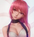  bag bra breasts check_character closed_mouth elfen_lied eyebrows_visible_through_hair head_tilt highres horns lips long_hair lucy medium_breasts miura-n315 nose pink_eyes pink_hair pink_lips simple_background solo underwear underwear_only upper_body white_background white_bra 