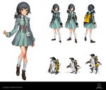  animal anklet backpack bag bird black_hair brown_eyes character_sheet collared_shirt concept_art dress full_body id_card jewelry lm7_(op-center) multiple_views name_tag necktie original penguin ponytail power_suit shirt shoelaces simple_background smile socks walking white_background white_legwear 