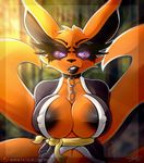  2017 anthro big_breasts black_lips blurred_background breasts canine chain collar female fox hi_res huge_breasts hypno_eyes kurama large_eyelashes lips looking_at_viewer mammal multi_tail naruto outside patreon pointy_ears presenting rinnegan signature smile smirk standing text url vrabo 