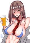  alcohol beer bikini blue_bikini blush breasts brown_hair covered_nipples drunk highres isao large_breasts long_hair looking_at_viewer necktie original simple_background sketch solo swimsuit teeth twitter_username white_background yellow_eyes 