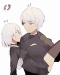  1girl blue_eyes blush breasts buttons carrying character_name choker cleavage_cutout commentary genderswap genderswap_(ftm) genderswap_(mtf) gloves highres jacket light_smile long_sleeves looking_at_another mole mole_under_mouth nier_(series) nier_automata princess_carry shii_(luochen_xi) short_hair shorts simple_background small_breasts thighhighs white_background white_hair yorha_no._2_type_b yorha_no._9_type_s 