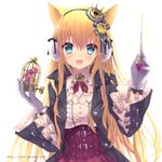  :d animal_ears aqua_eyes belt birdcage blonde_hair cage cat_ears center_frills commentary_request conductor crown earmuffs flower hair_ribbon hairband jacket long_hair mini_crown open_clothes open_jacket open_mouth original ribbon sakura_neko smile solo treble_clef very_long_hair watermark web_address winding_key 