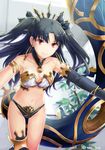  alle_gro bangs black_gloves black_hair breasts cleavage closed_mouth collarbone commentary_request earrings elbow_gloves eyebrows_visible_through_hair fate/grand_order fate_(series) gloves ishtar_(fate/grand_order) jewelry long_hair long_legs looking_at_viewer medium_breasts navel parted_bangs pink_eyes revealing_clothes single_elbow_glove single_thighhigh smile solo thighhighs twitter_username two_side_up 