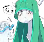  9999gpera ambiguous_gender celesteela duo frown green_hair hair humor long_hair marker nihilego nintendo pok&eacute;mon simple_background size_difference sleeping ultra_beast video_games white_background 