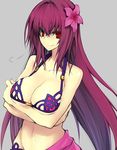  1girl bikini breasts cleavage collarbone crossed_arms fate/grand_order fate_(series) flower hair_flower hair_ornament hibiscus jewelry large_breasts long_hair looking_at_viewer navel purple_hair purple_sarong red_eyes sarong scathach_(fate)_(all) scathach_(swimsuit_assassin)_(fate) simple_background smile solo swimsuit 
