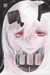  :&lt; anchorage_oni black_background eyelashes high_collar highres kantai_collection lips long_hair looking_at_viewer mixed_media pale_skin red_eyes shinkaisei-kan signature slit_pupils solo tesun_(g_noh) traditional_media unhappy upper_body watercolor_(medium) white_hair 