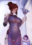 ass_visible_through_thighs beads belly biting blurry blush bodysuit breast_envy breasts brown_eyes brown_hair cosplay costume_switch d.va_(overwatch) d.va_(overwatch)_(cosplay) depth_of_field facial_mark glasses gloves hair_bun hair_ornament hair_stick highres instant_ip large_breasts lip_biting love_handles mei_(overwatch) mei_(overwatch)_(cosplay) muffin_top multiple_girls navel overwatch plump revision robot see-through snowball_(overwatch) standing taut_clothes thigh_gap undersized_clothes whisker_markings white_gloves 