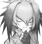  bokotops chin_stroking eyebrows_visible_through_hair fingerless_gloves gloves greyscale head_wings kemono_friends looking_at_viewer monochrome shirt shoebill_(kemono_friends) side_ponytail solo thinking 